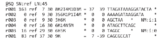 SAM format file. The ‘@SQ’ line in the header section gives the order of reference sequences. Notably, r001 is the name of a read pair. According to FLAG 163 (=1+2+32+128), the read mapped to position 7 is the second read in the pair (128) and regarded as properly paired (1 + 2); its mate is mapped to 37 on the reverse strand (32). Read r002 has three soft-clipped (unaligned) bases. The coordinate shown in SAM is the position of the first aligned base. The CIGAR string for this alignment contains a P (padding) operation which correctly aligns the inserted sequences. Padding operations can be absent when an aligner does not support multiple sequence alignment. The last six bases of read r003 map to position 9, and the first five to position 29 on the reverse strand. The hard clipping operation H indicates that the clipped sequence is not present in the sequence field. The NM tag gives the number of mismatches. Read r004 is aligned across an intron, indicated by the N operation.