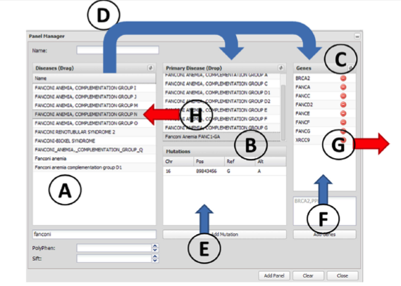 The panel manager. The elements used to define a panel are (A) disease terms, (B) diagnostic mutations and (C) genes. Arrows represent actions that can be taken in the panel manager. Panels can be defined by using the known mutations and genes of a particular disease. This can be done by dragging them to the Primary Diagnostic box (action D). This action, in addition to defining the diseases in the Primary Diagnostic box, automatically adds the corresponding genes to the Genes box. The panels can be customized by adding new genes (action F) or removing undesired genes (action G). New disease mutations can be added independently or associated to an already existing disease term (action E). Disease terms can be removed by simply dragging them back (action H).